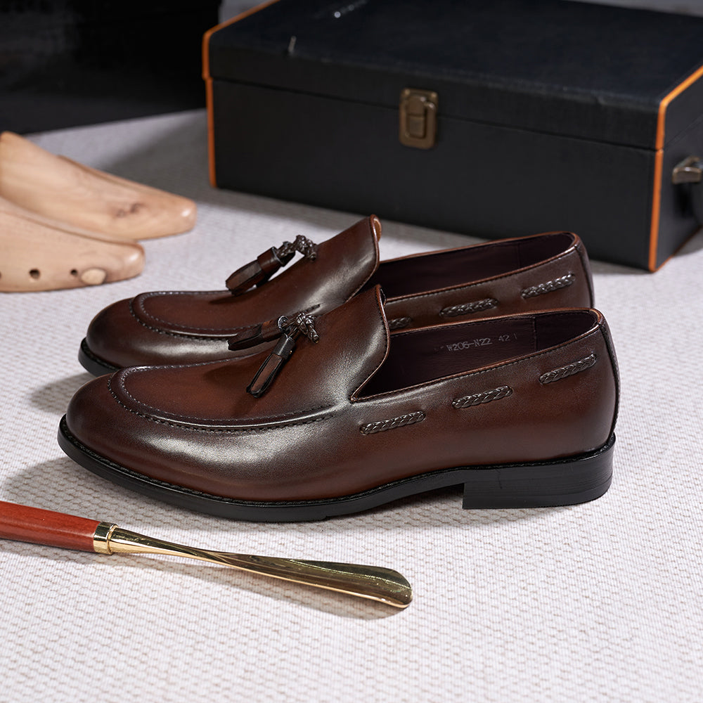 Classic Men's Tassel Loafers Genuine Leather Handmade Slip on Comfortable Office Wedding Shoes