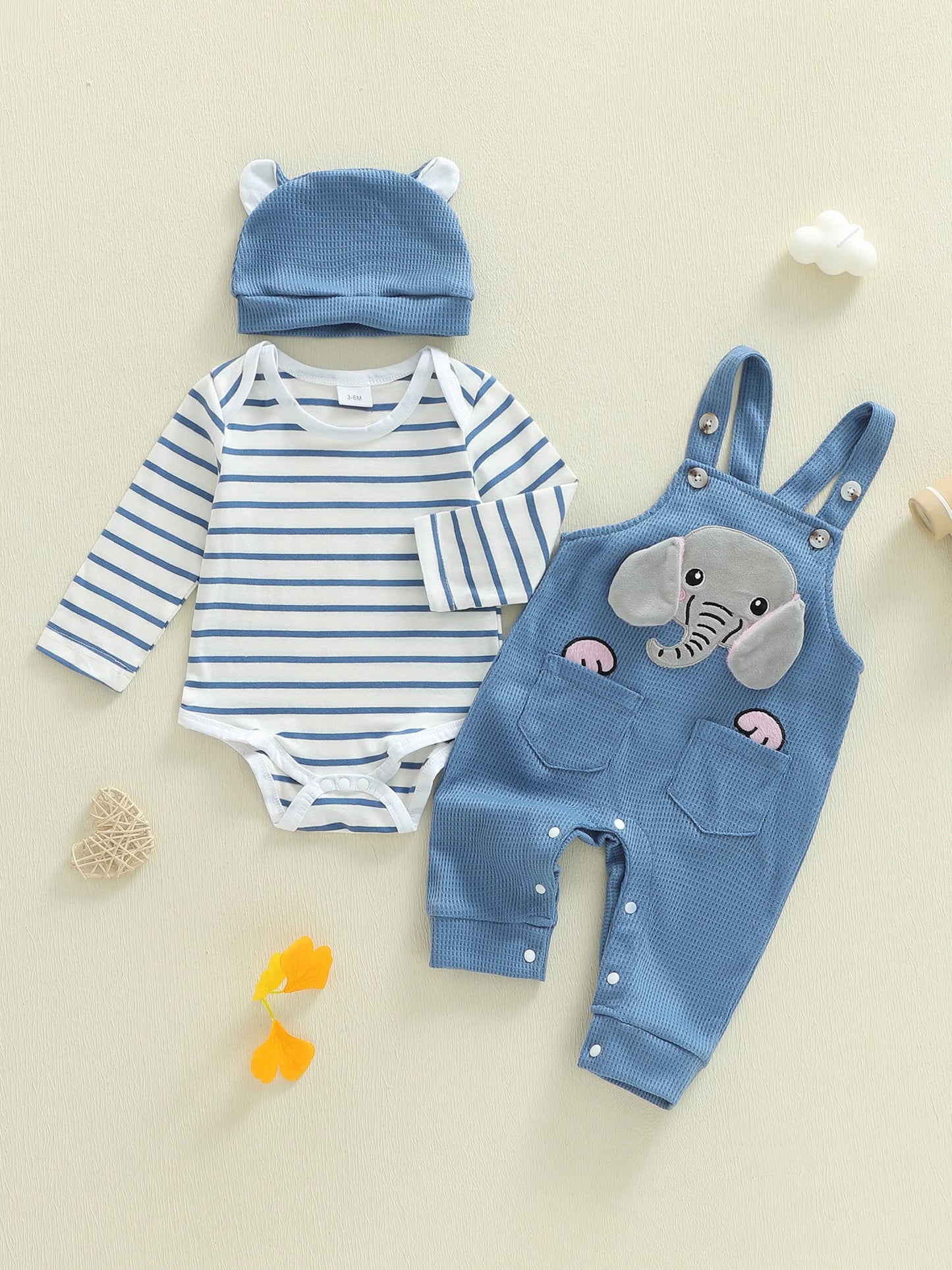 Baby Boys 3-Piece Outfit Set - Striped Romper, Elephant Suspender Pants & Hat