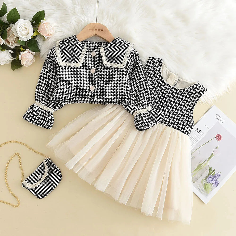 Girl's  2-6Y Girl's Plaid Vest Dress Retro Outwear Coat 3 Pcs Outfit