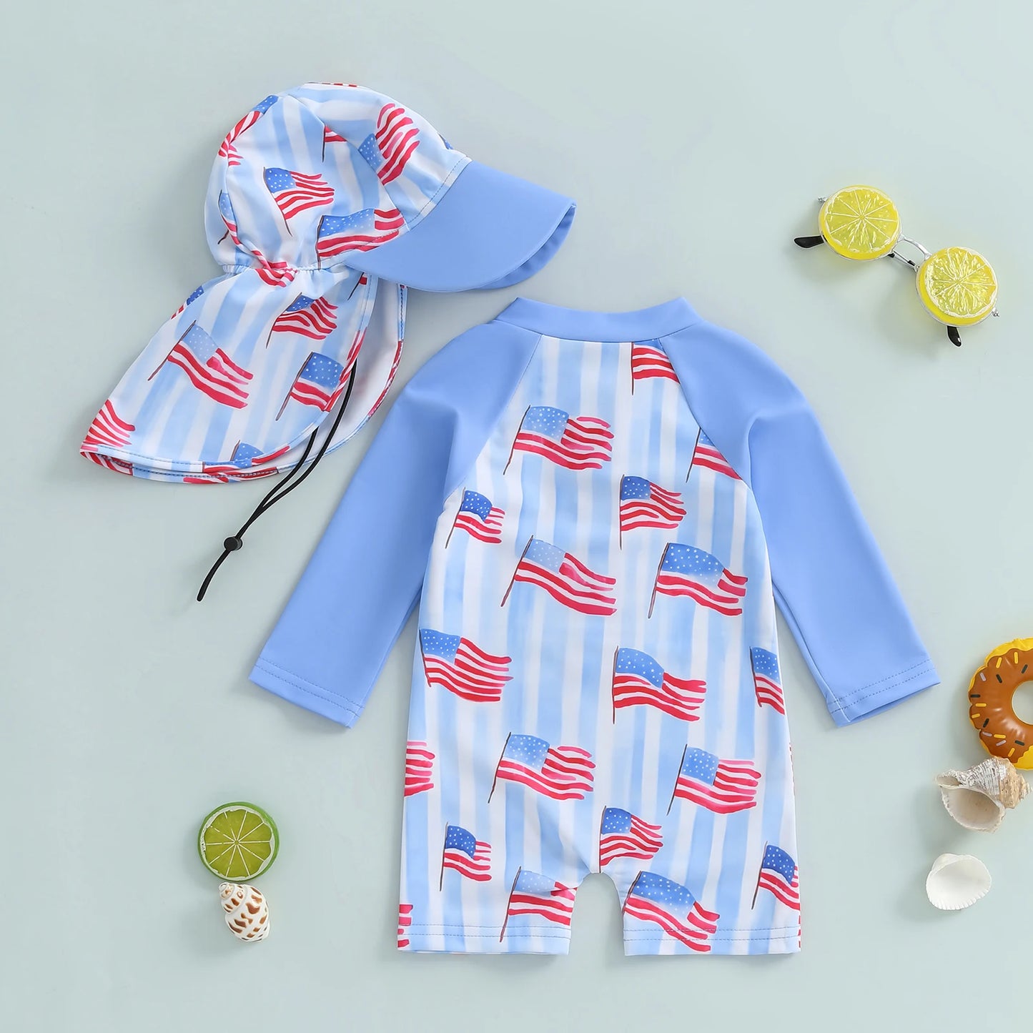0-5Y Kids Boys Rash Guard Swimsuits Flag Print Long Sleeve Zip Up Bathing Suit with Neck Flap Sun Cap