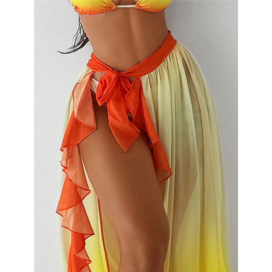Women's With Sarong Gradient Halter Bikini Swimsuit  Swimwear Three-pieces Bikini set
