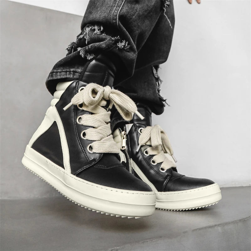 Men's High-Top Leather Sneakers - Casual Sports Ankle Boots