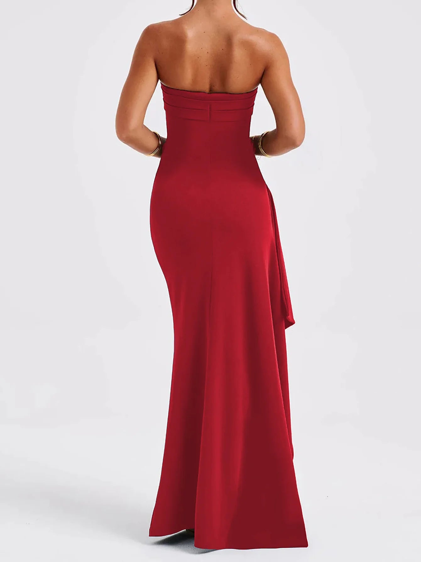 Off Shoulder Elegant High Rise Split Maxi Dress - Women Strapless Evening Dress Ruched Gown