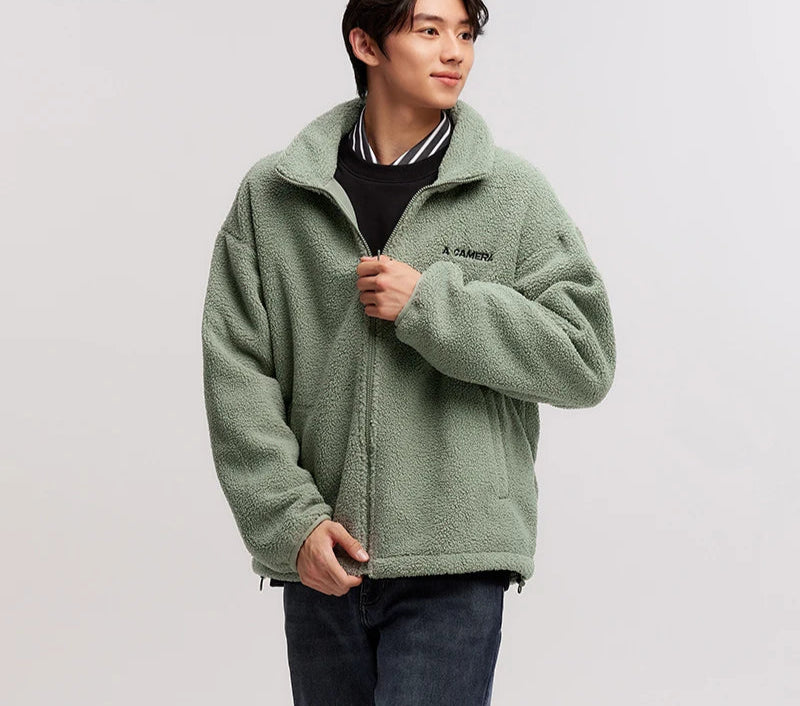 Men's Loose Fit Fleece Jacket - Plush Embroidered Stand Collar Winter Coat