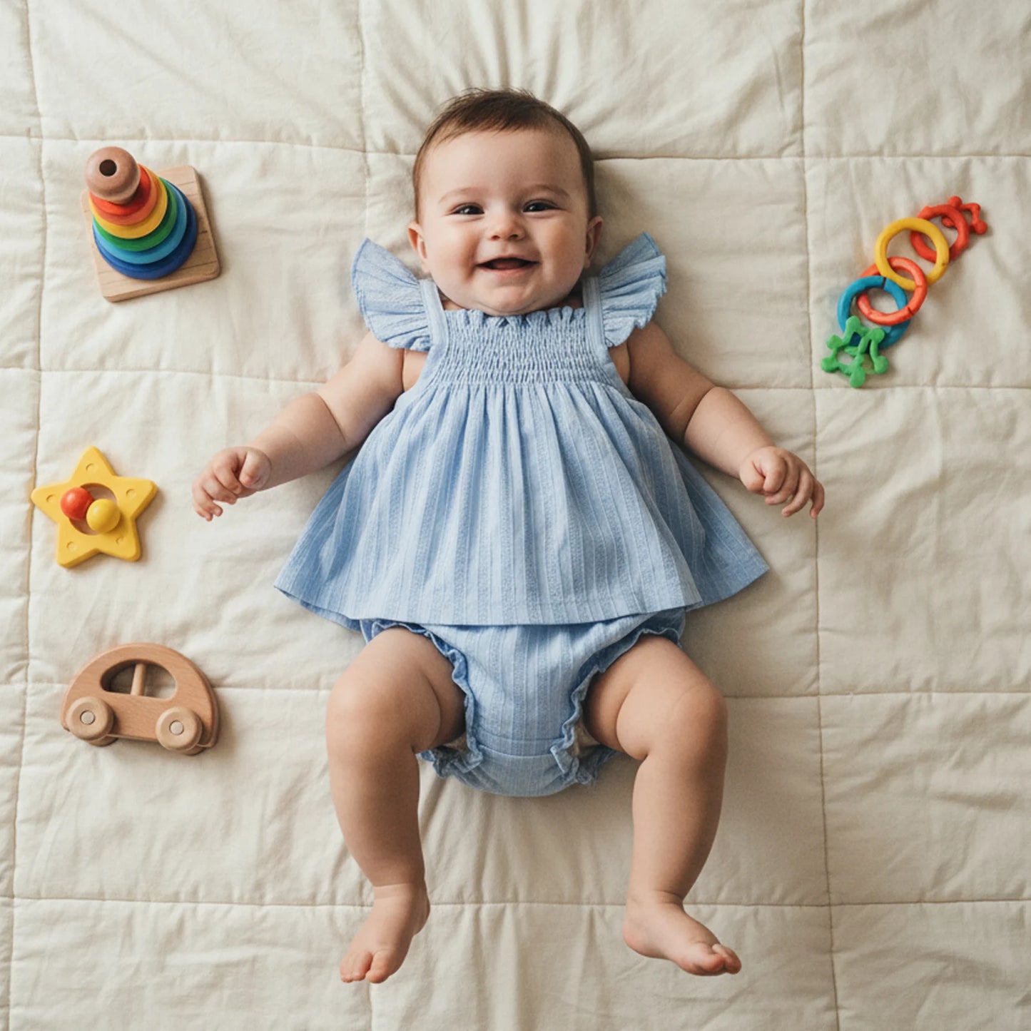 Baby Girls Summer Outfit Set - Flying Sleeve Top & Ruffle Shorts (0-24M)