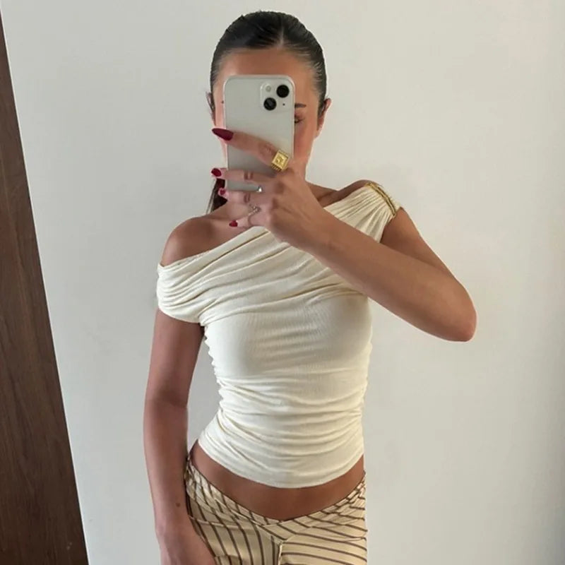 Women's Off Shoulder Ruched Cropped Top - Summer Sleeveless Backless Tee