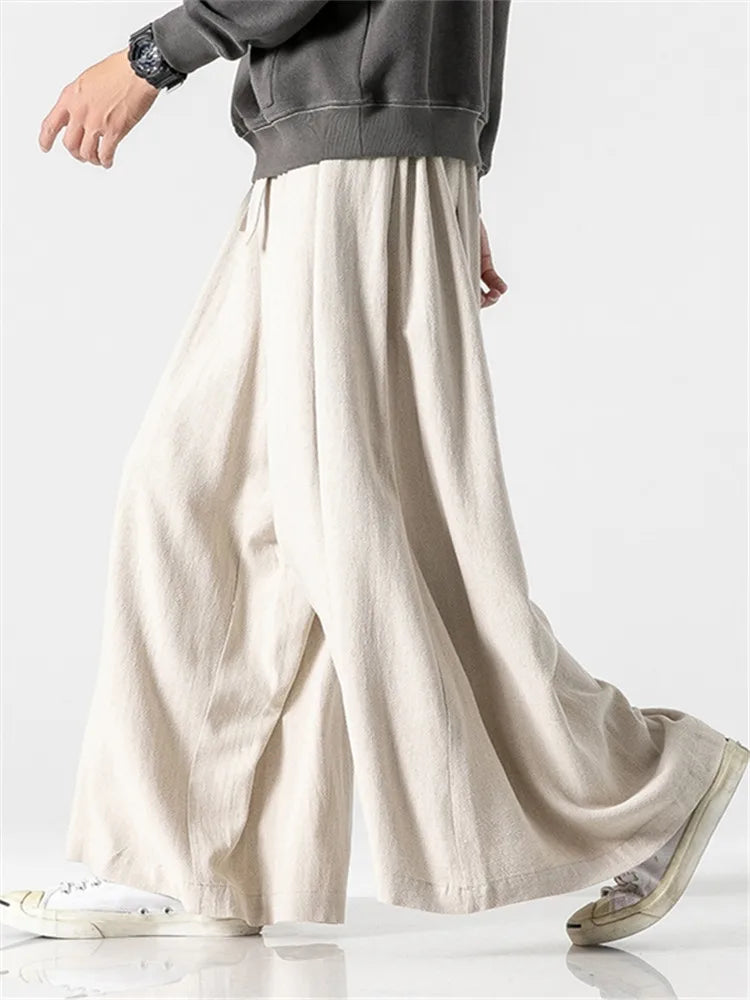 Men's Loose Wide Leg Cotton Linen Trousers with Elastic Waist