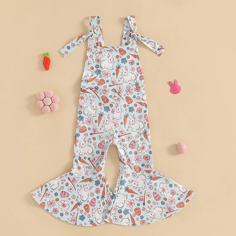Girls' Easter Romper Pants - Sleeveless Floral Rabbit Print Suspender Jumpsuit