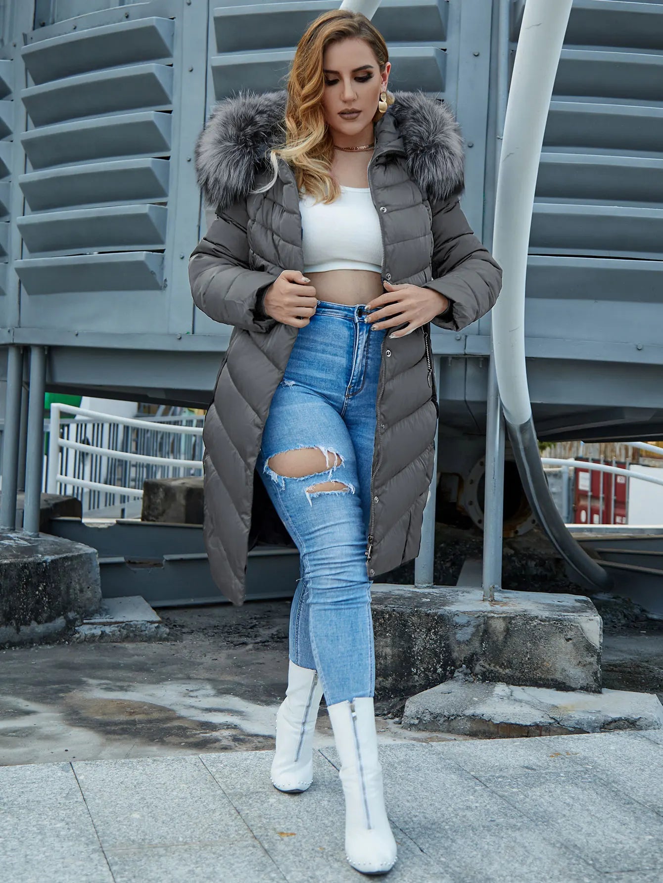 Women's Fur Collar Down Coat - Extra Long Winter Jacket