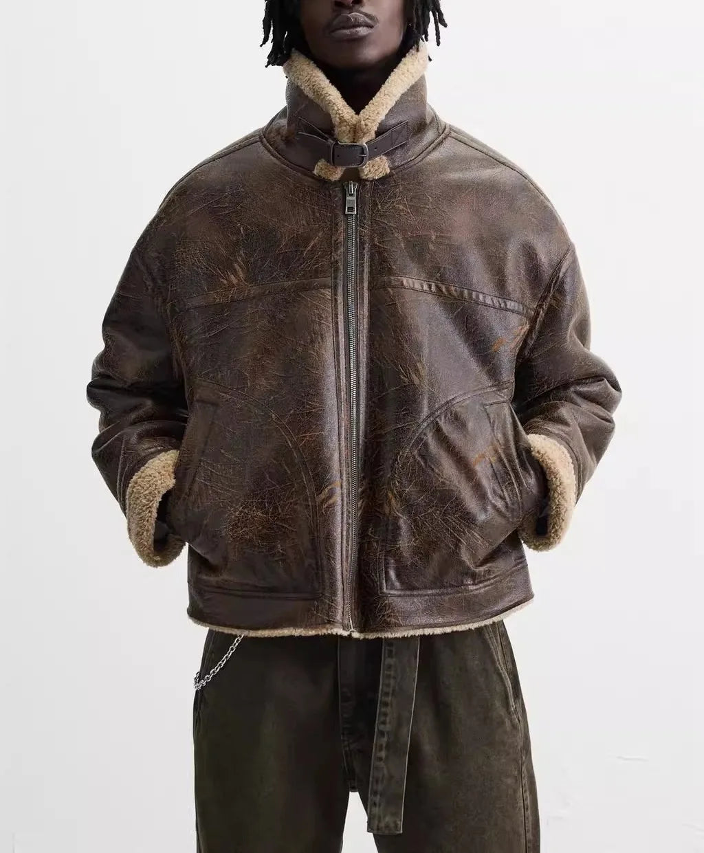 Men's Winter Lapel-Neck Jacket - Double-Sided Lamb Wool with Suede Piping