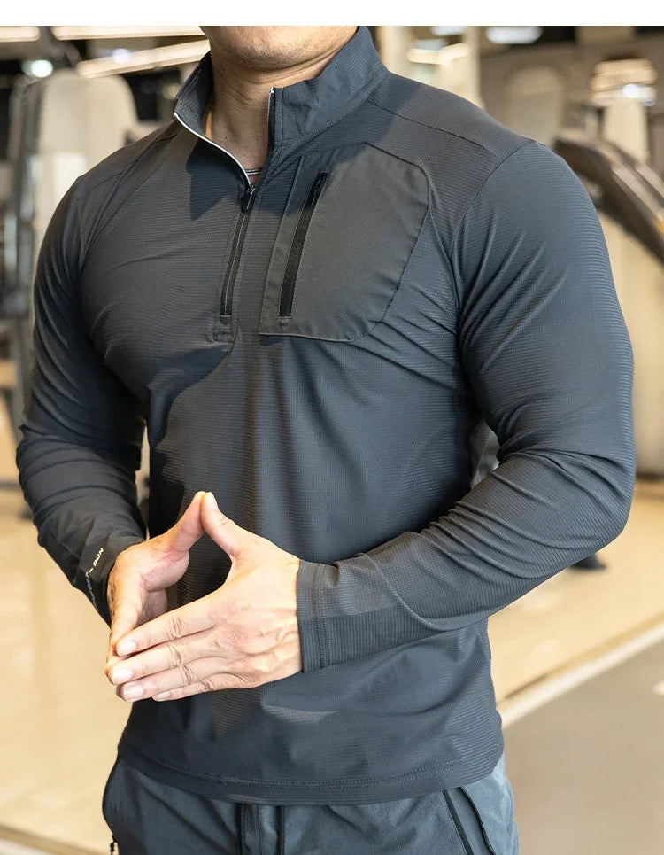 Men's Muscle Workout Sportswear Long Sleeve Running Clothing with Half Zip with Pockets Sports Gym Fitness Compression Shirt
