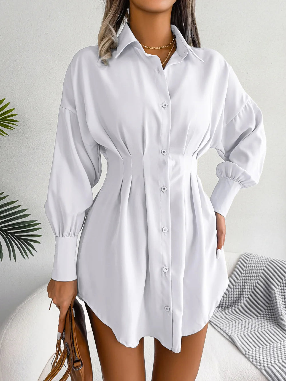 Women's Autumn Winter Casual Lantern Sleeve High Waist Asymmetric Dress Shirt Dress