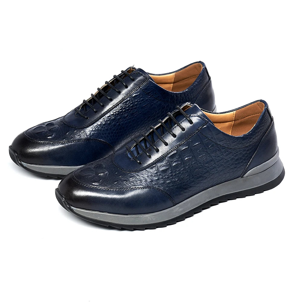 Men's Genuine Leather Crocodile Pattern Oxford Sneakers – Lace-Up Casual Flat Shoes