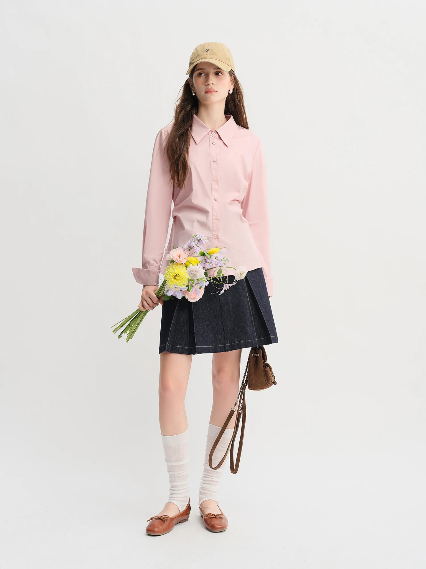 Pleated Tie-Waist Shirt & A-Line Skirt Suit - Tricolour Two-Piece