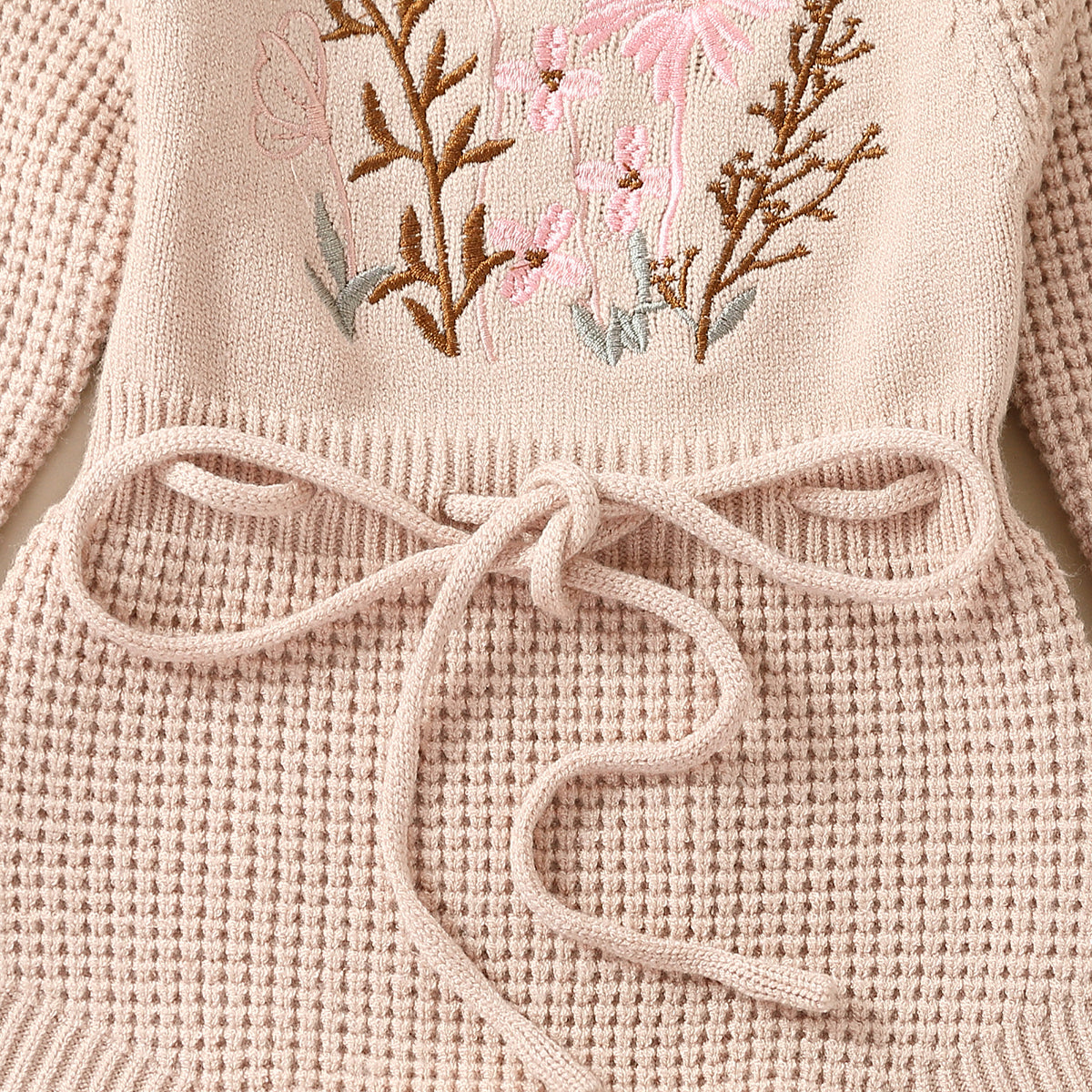 0-24M Baby Girl's Romper Knitted Long Sleeve Flowers Embroidery Elastic Button Jumpsuit