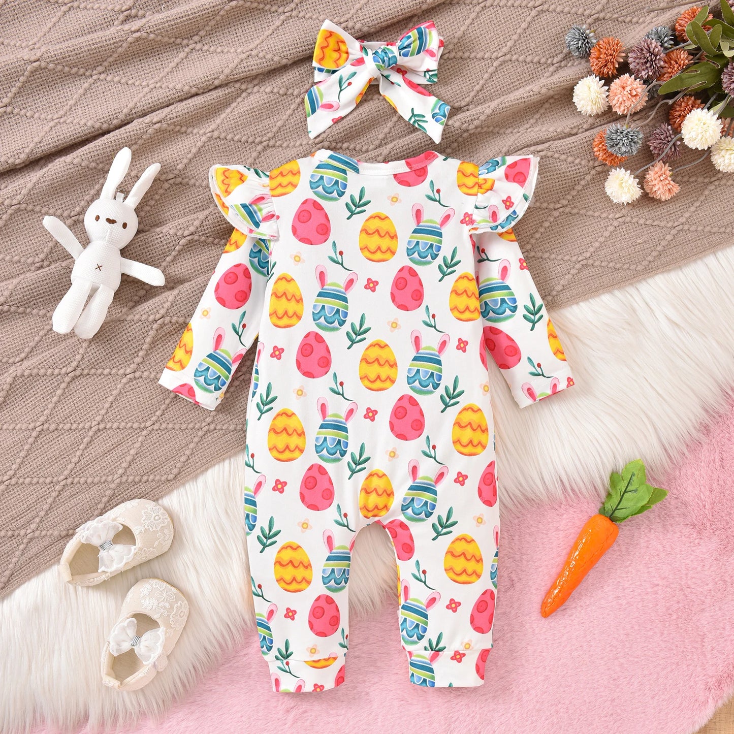 Newborn Baby Easter Jumpsuit - Long Sleeve Rabbit Egg Print Romper with Headband