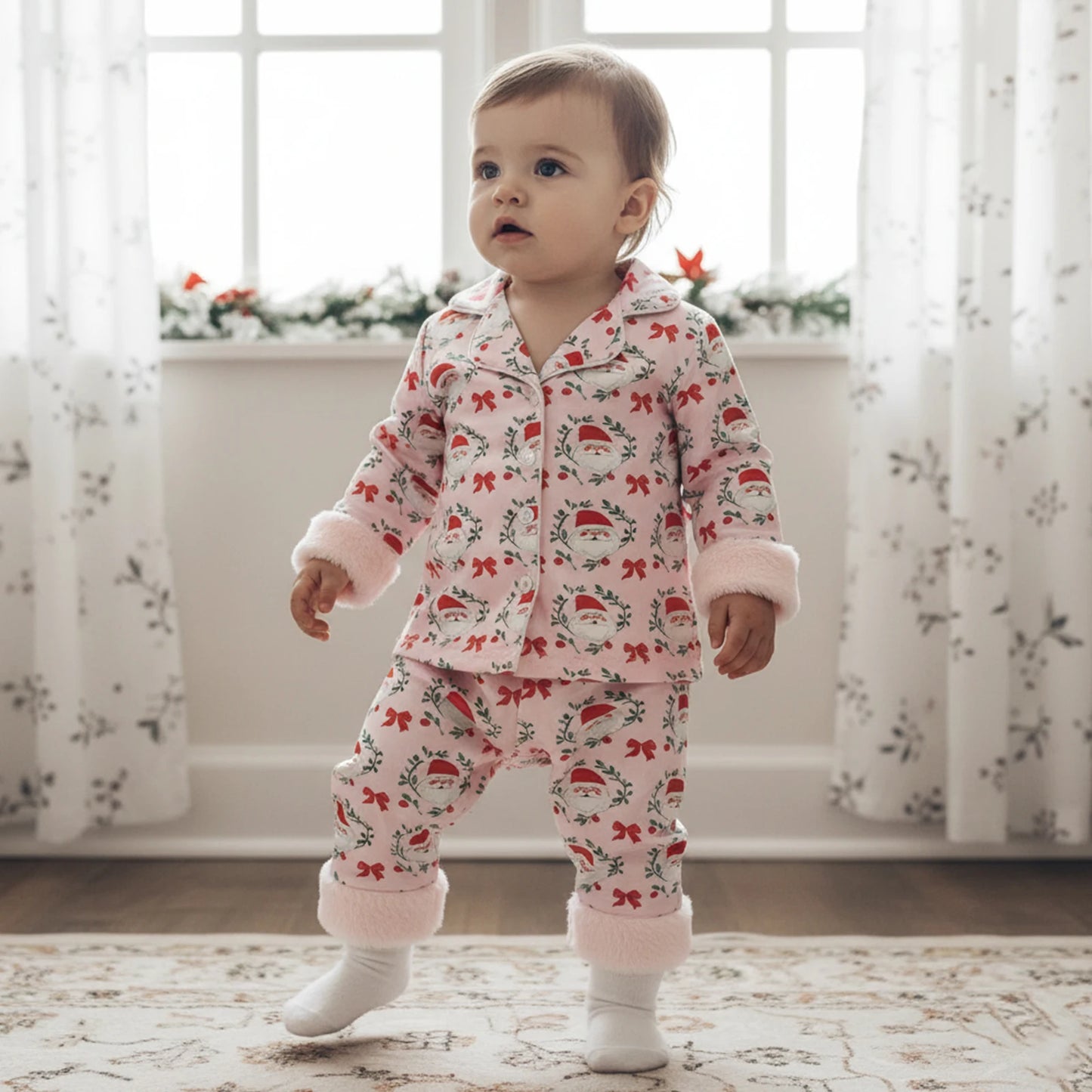 Toddler Girls Christmas Pajamas Set - Santa Claus Bow Print Long Sleeve Top & Pants 1-5Y