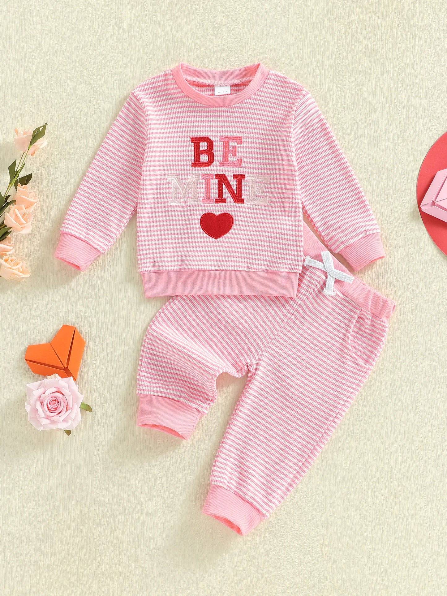 Baby Girls Valentine's Day Striped Heart Embroidery Long Sleeve Pullover and Pants Set