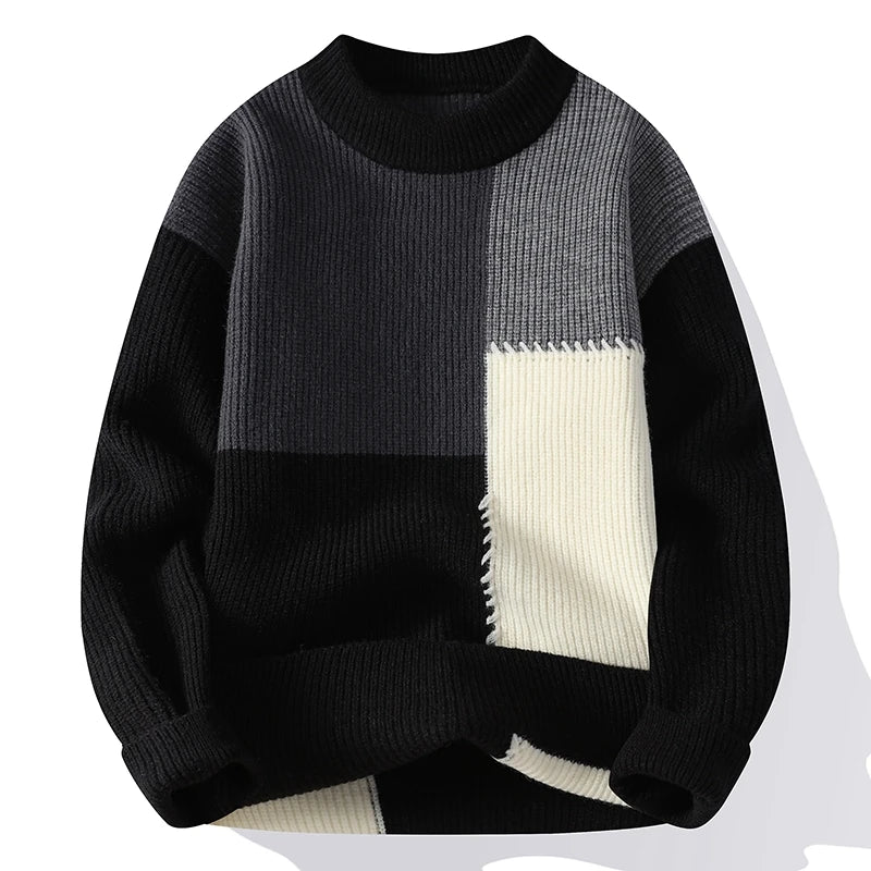 Men's Patchwork Round Neck Knit Pullovers Loose Casual Knitted Sweater