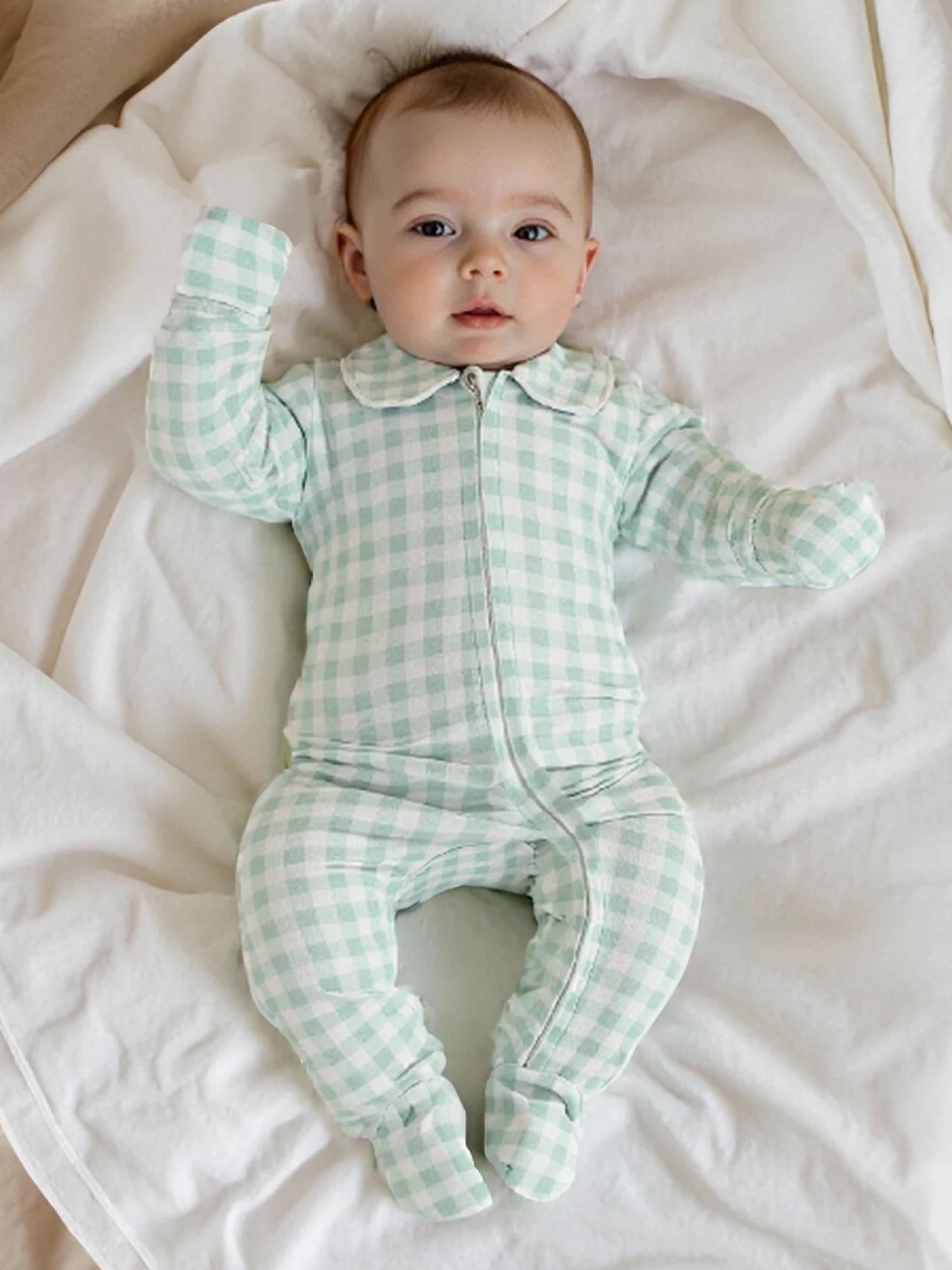 Newborn Baby Plaid Romper - Doll Collar Long Sleeve Zip-Up Footed Jumpsuit