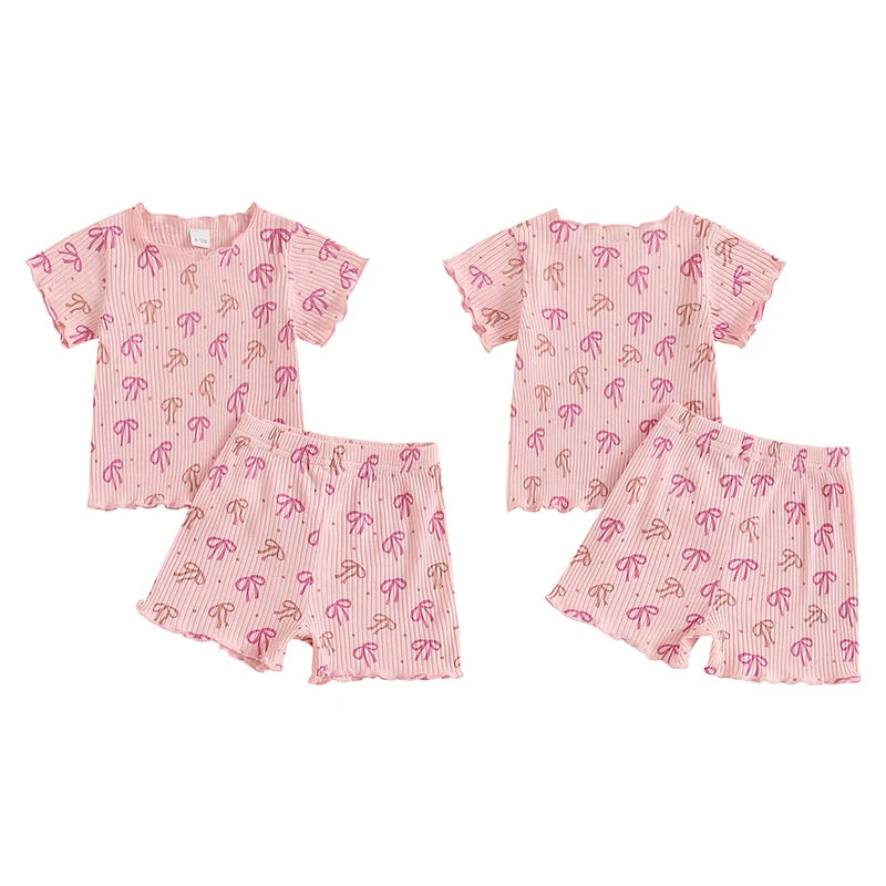 1-5Y Kids Girls Clothes Sets Bow Print Lettuce Trim Short Sleeve T-shirt Elastic Waist Shorts