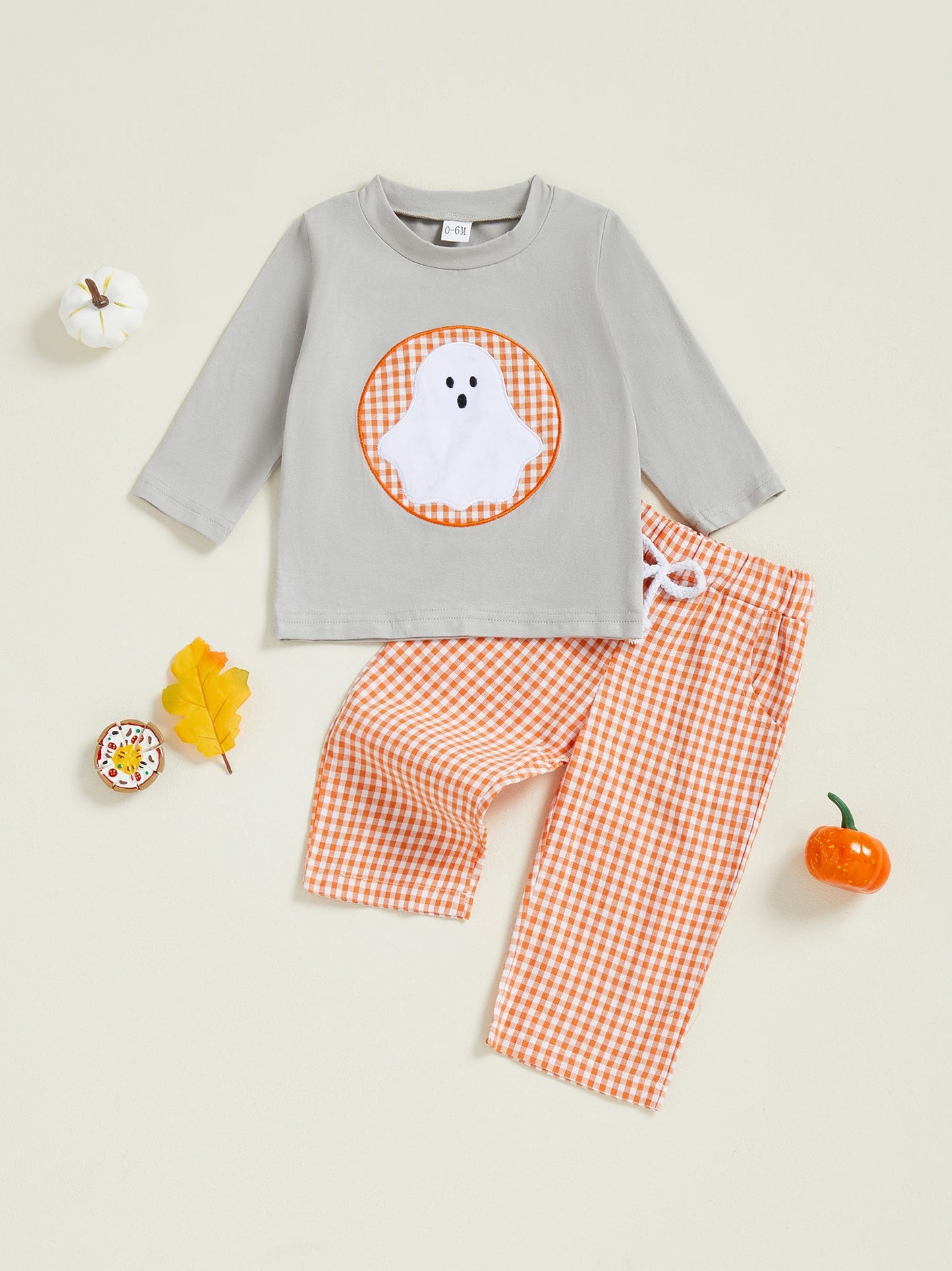 Toddler Boys Halloween Clothes Set - Ghost Embroidery Sweatshirt & Plaid Pants (0-4Y)