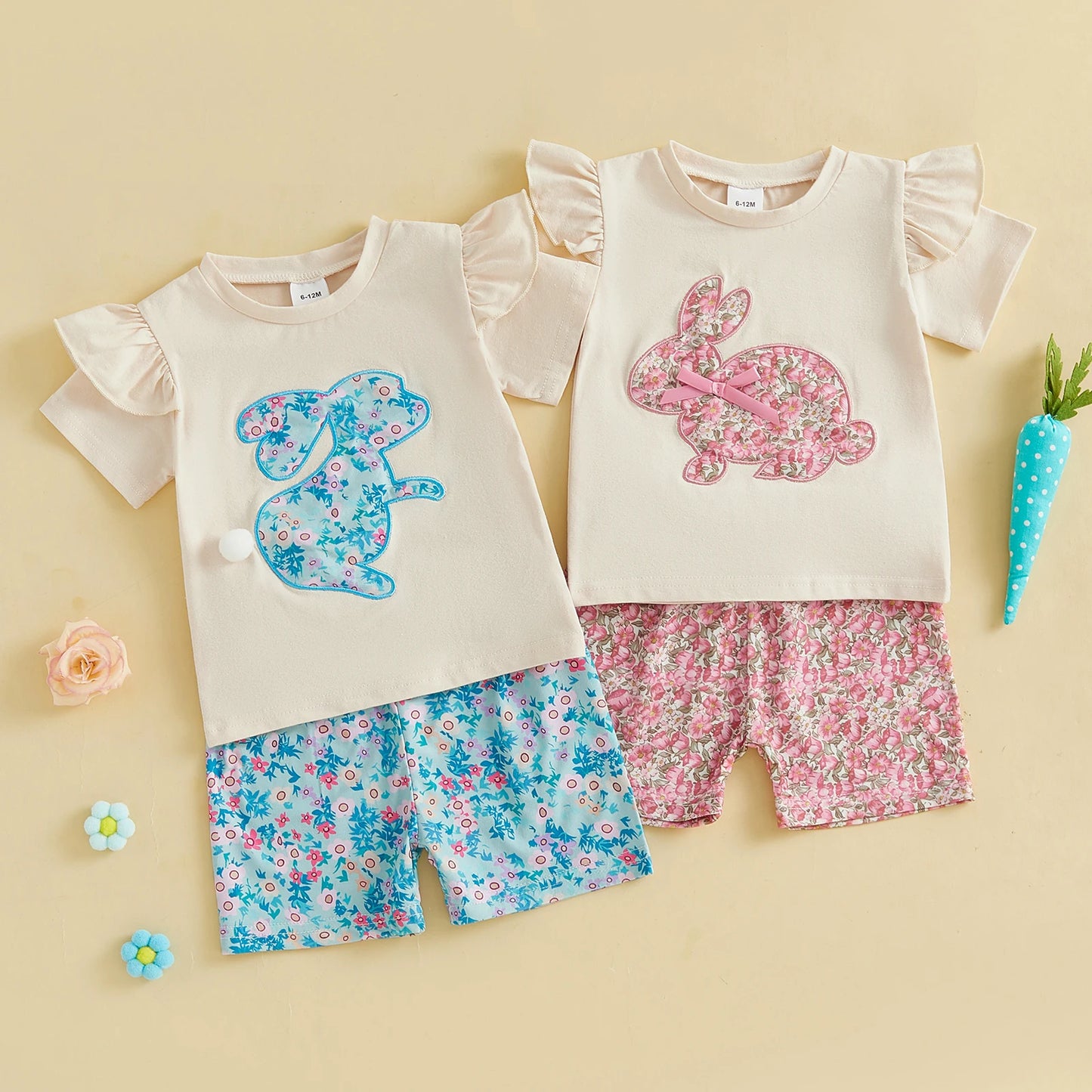 0-4Y Kids Girls Easter Clothes Set Rabbit Floral Print Short Sleeve Ruffled Tops Elastic Waistband Shorts