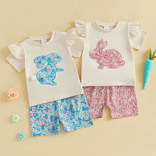 0-4Y Kids Girls Easter Clothes Set Rabbit Floral Print Short Sleeve Ruffled Tops Elastic Waistband Shorts