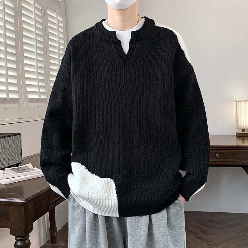 Men's Winter Knitted Sweater - V-Neck Patchwork Pullover