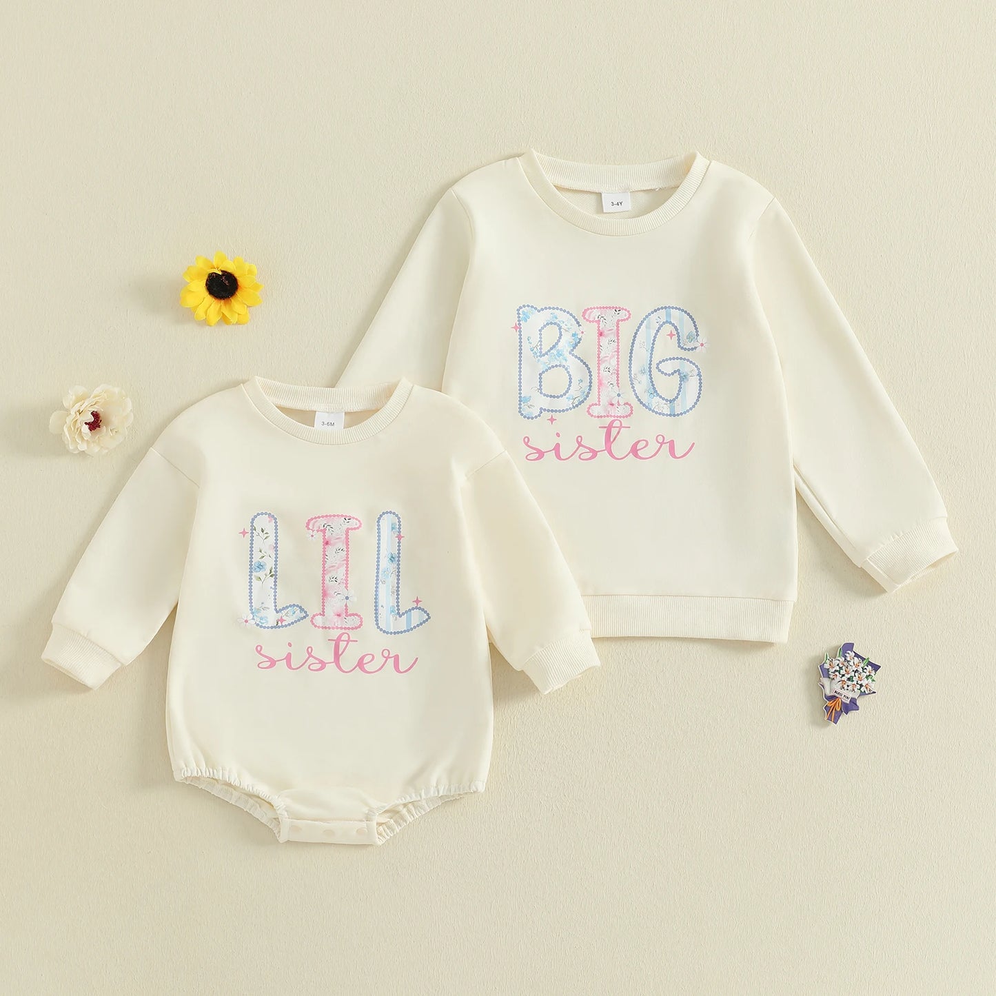 Sister Matching Outfits - Floral Letter Print Romper & Sweatshirt Set