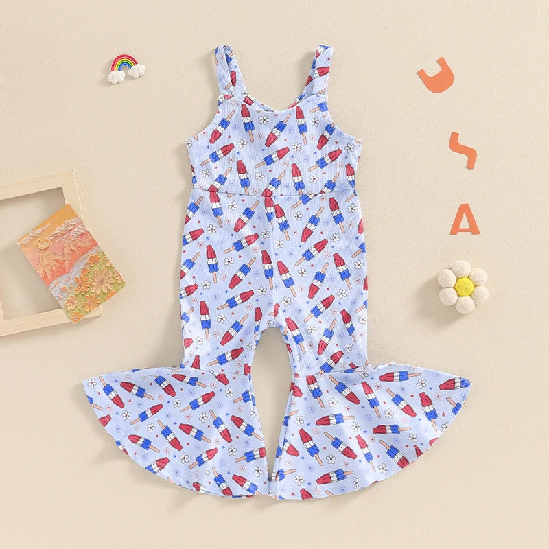 Toddler Kids Girls Jumpsuit - 0-4Y Sleeveless Flower USA Flag Print Bell Bottom Overalls