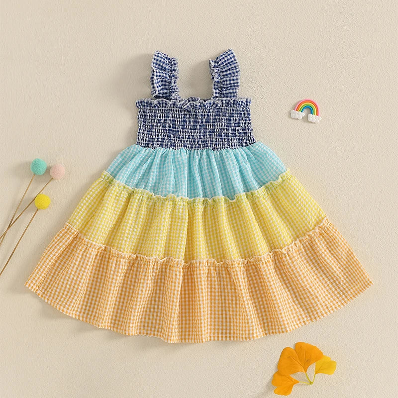 0-4Y   Kids Girls Summer Dress Colorful Plaid Striped Print Sleeveless Suspender Smocked A-Line Dress