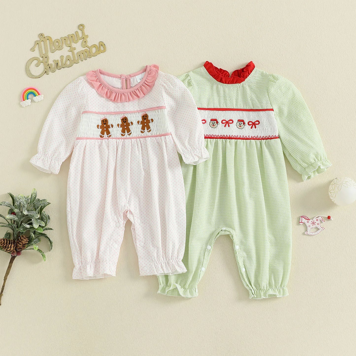 Baby Girls' Christmas Romper - Santa & Gingerbread Embroidery Smocked Long Sleeve Jumpsuit