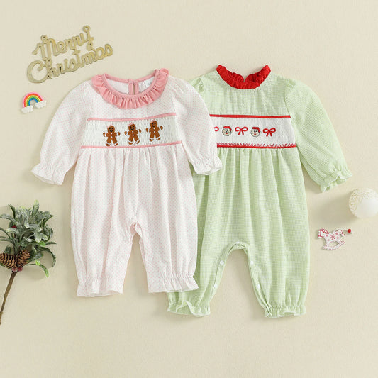 Baby Girls' Christmas Romper - Santa & Gingerbread Embroidery Smocked Long Sleeve Jumpsuit