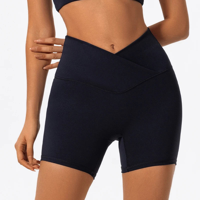 Cross Waist Gym Shorts - High Waist Breathable Cycling Yoga Shorts