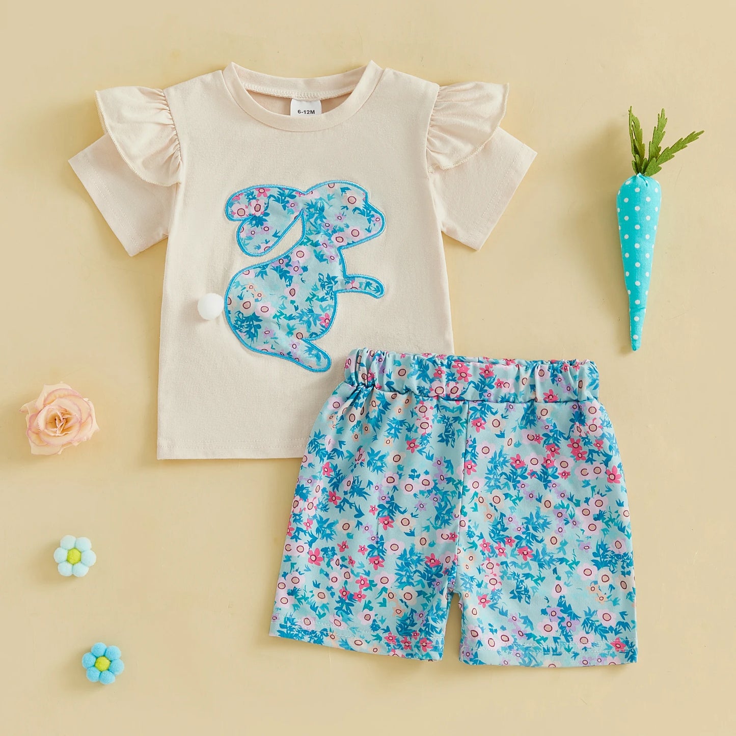 0-4Y Kids Girls Easter Clothes Set Rabbit Floral Print Short Sleeve Ruffled Tops Elastic Waistband Shorts