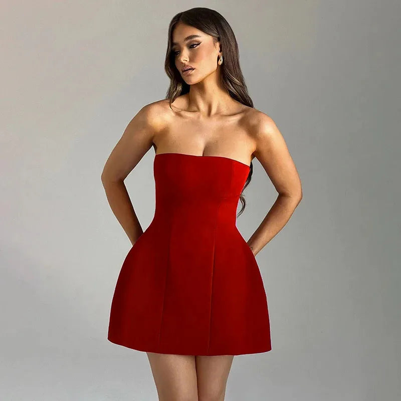 Women's Sleeveless Strapless Mini Patchwork High Waist Bodycon Plunge Dress