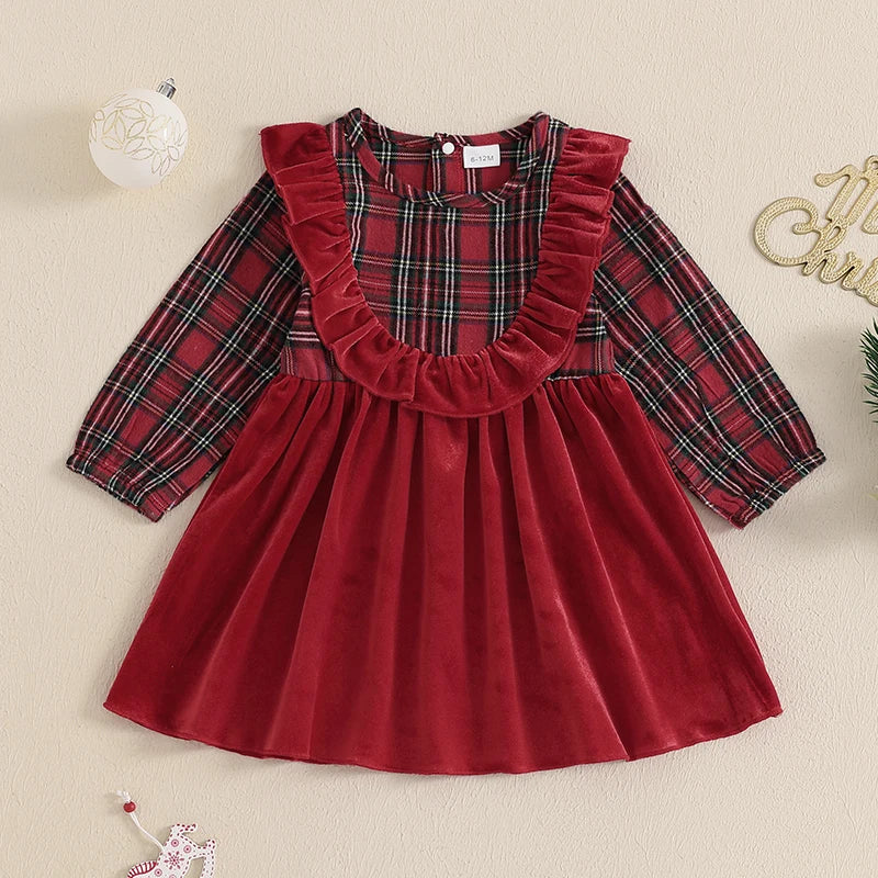 0-4Y Girl Christmas Plaid Print Velvet Patchwork Long Sleeve Crew Neck Ruffled A-Line Dress