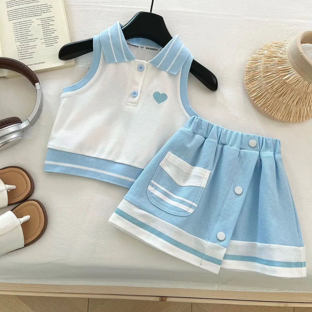 Girl's  Casual Sportswear Sleeveless Polo Shirt and Skirt College Style Easter Children's Sets