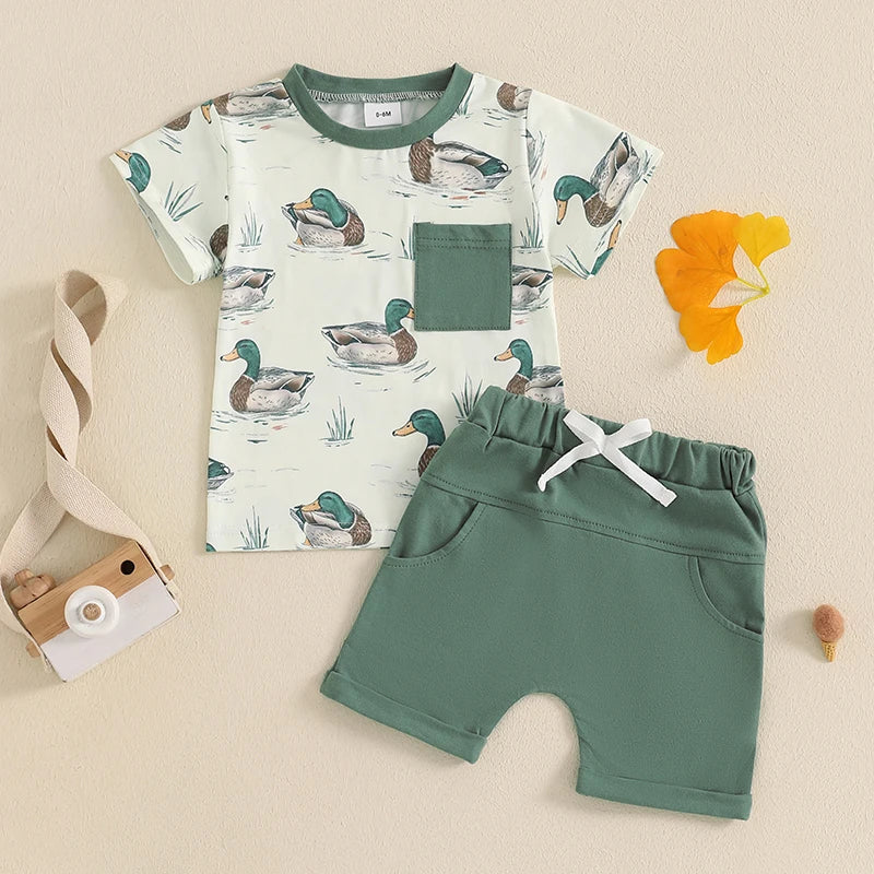 Baby Boys Duck Print Outfit Set - Patchwork T-Shirt with Elastic Waist Shorts