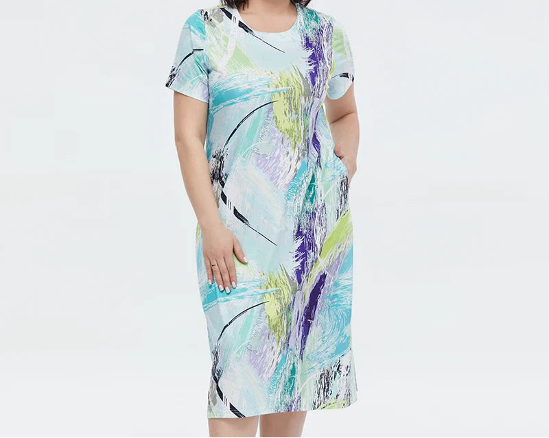 Women's Elegant Art Print Long Chiffon Short sleeves Dress