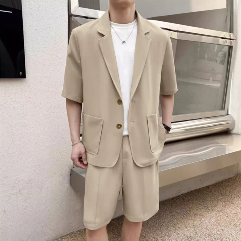 Men's Lapel Short Sleeve Blazer & Shorts Two Pieces Set Suit