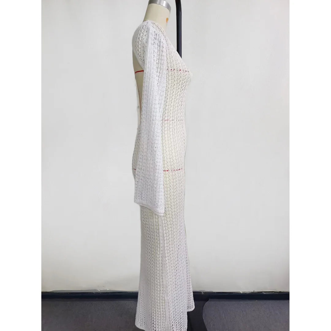 3D Flower V Neck Crochet Knitted Beach Cover Up Tunic