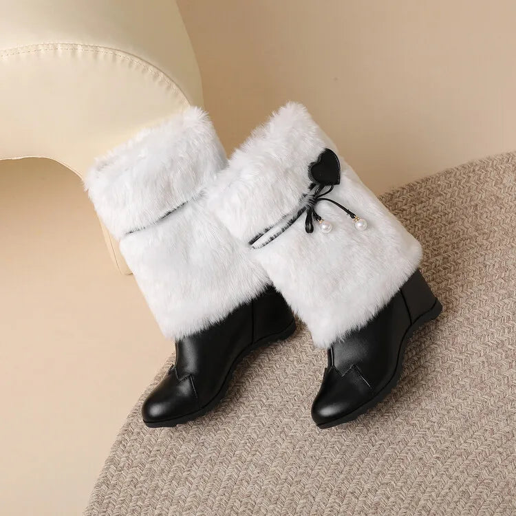 Women's Love Pearl Plush Leather Round Toe Short Boots