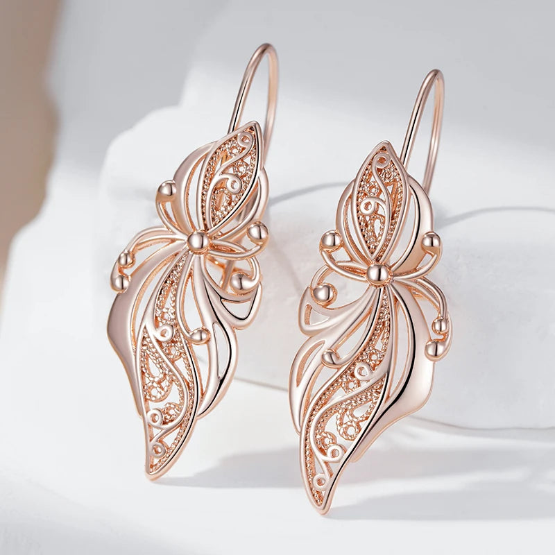 Glossy Rose Gold Dangle Earrings - Elegant Flower Design for Daily Wear