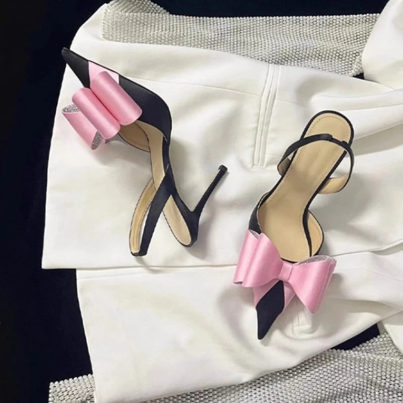 Women's Rhinestone Bowknot Satin Pointed Heel Sandals - Bridesmaid Party Shoes