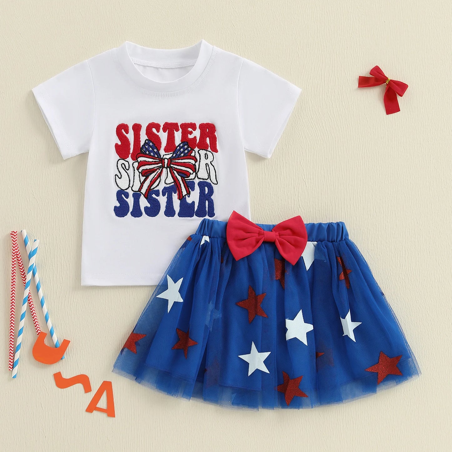 0-4Y Summer Kids Girls USA Clothes Set Short Sleeve Letter Bow Embroidery T Shirts Star Tulle Skirt
