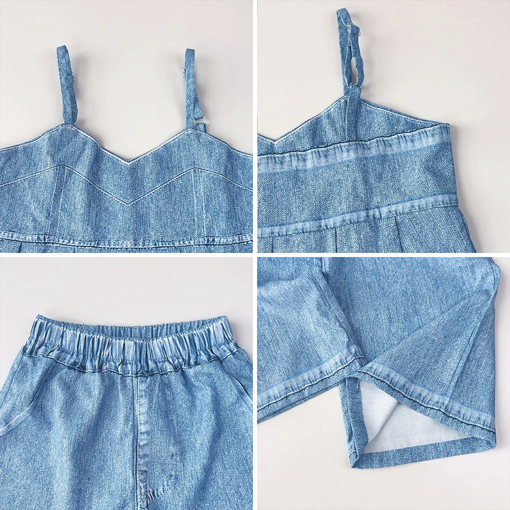 Girl's  Denim Sleeveless Camisole and Pants 2-piece Set