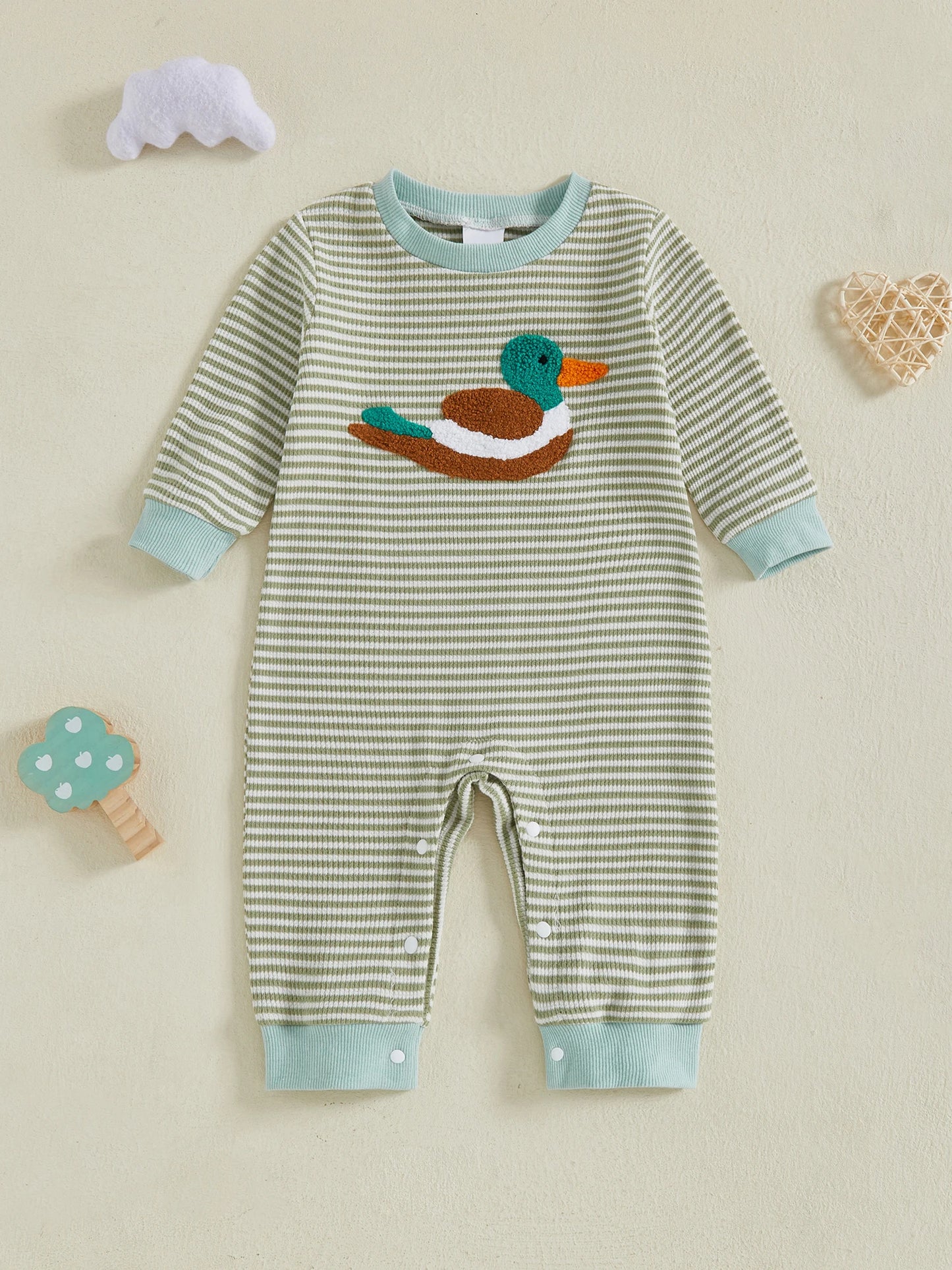 Baby Boys Striped Romper with Duck Embroidery - Long Sleeve Autumn Jumpsuit (0-18M)