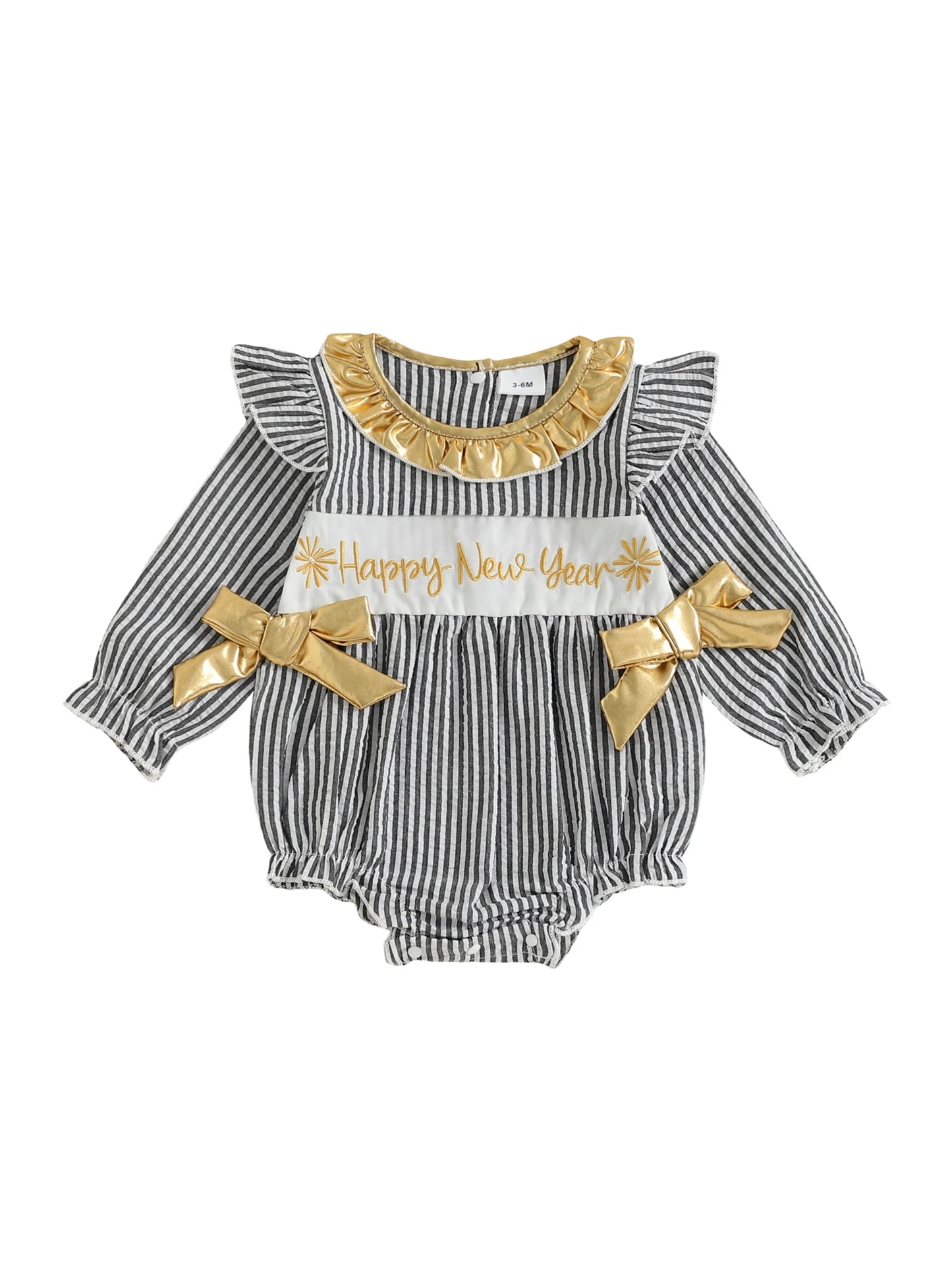 Baby Girls New Year Romper - Stripe Print Letter Embroidery Ruffled Jumpsuit